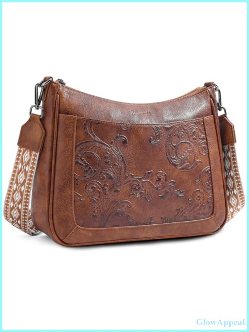 Vegan Leather Crossbody Bag Embossed Floral Wide Strap